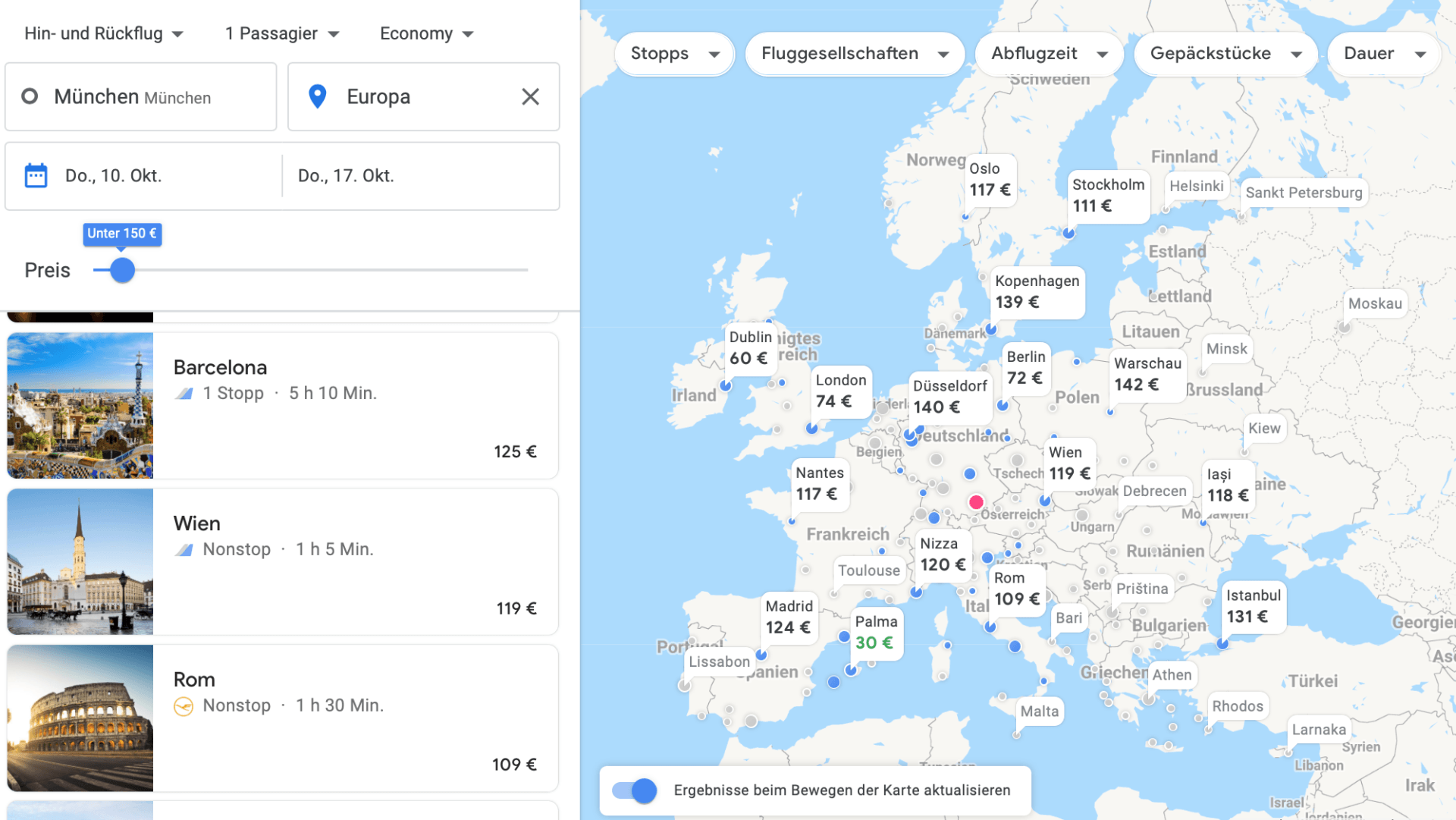 Google Flüge - Preislimit Google Flüge Screenshot