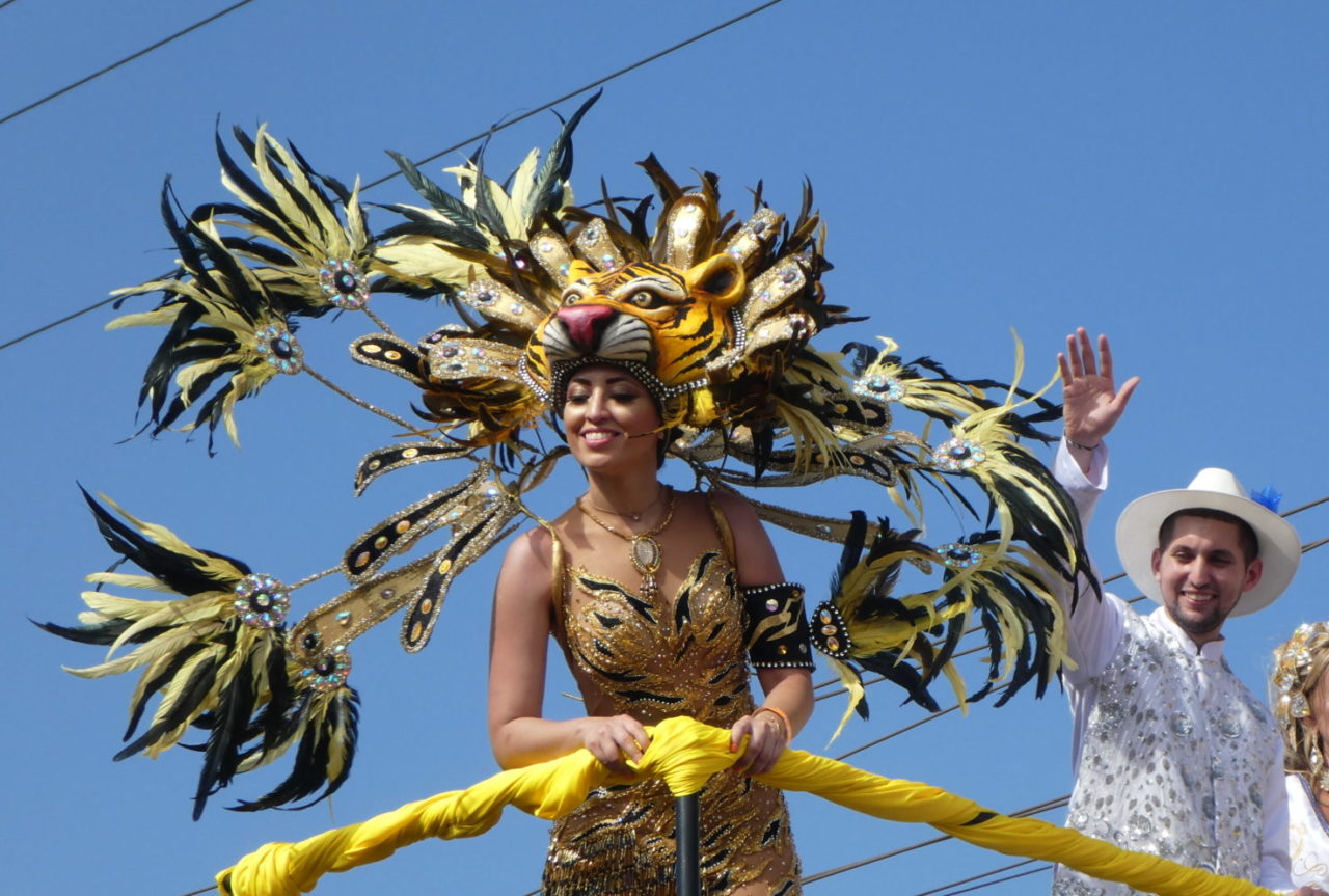 Festlich köstumierte Schönheitskönigin (Carnaval de Barranquilla) A group of people standing next to a palm tree